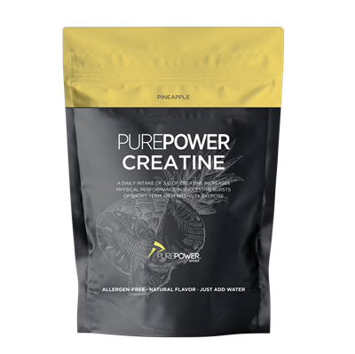 Sort pose med gul top, PurePower Creatine, ananasdesign. Naturlig smag, allergenfri.