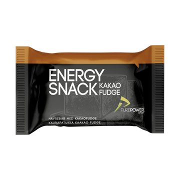 Sort indpakning med teksten "Energy Snack Kakao Fudge" og PurePower logo i grøn.