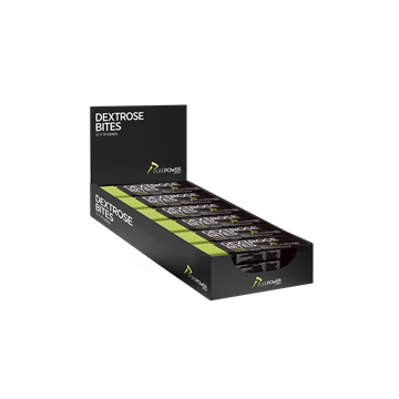 Display med PurePower Dextrose Bites lime-smag, grøn accent, 12 x 14 stk pr. pakke.