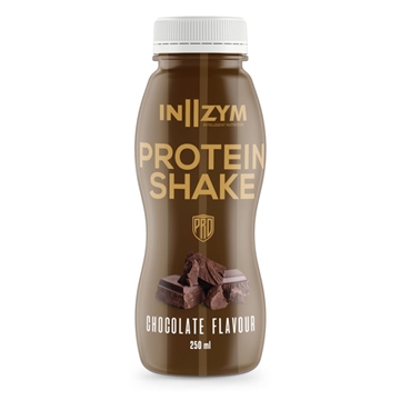 Brun flaske med "IN2ZYM Protein Shake", chokolade grafik og tekst "Chocolate Flavour".