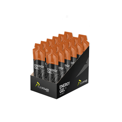 Displayboks med 12 PurePower Energy Gel, Cola-smag. Orange top, sort bund. 40 g pr. pakke.