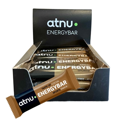 Kasse med 12 ATNU energibarer, smag af kakao, sort design med teksten "atnu ENERGYBAR".