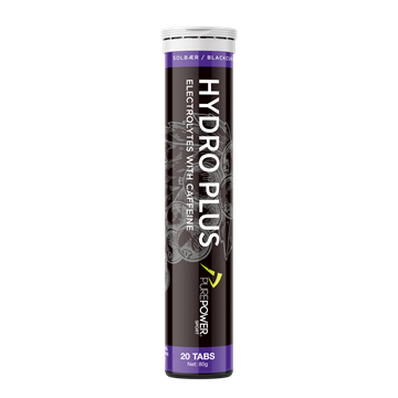 Tube med 20 koffein-elektrolyttabletter, solbærsmag, fra PurePower.