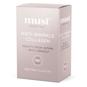 Pakke med MUST Essentials Anti-Wrinkle Collagen, 30 dages forbrug, neutral smag, med Verisol.