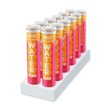 12 rør SMAG! Water Tabs, Ice Tea Peach, på hvid base. Indeholder B6, B9, B12 vitaminer.
