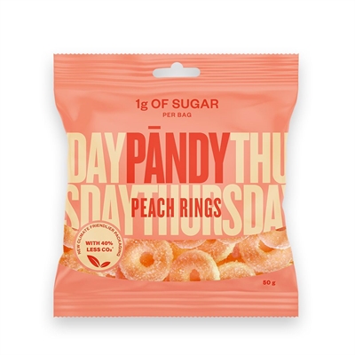 Pandy Candy Peach Rings i ferskenfarvet emballage, 50g, med synlige ringe og lavt sukkerindhold.