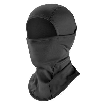 Sort balaclava dækker hoved og hals med øjenåbning, glat og tætsiddende design.