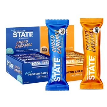 STATE Protein Bar+ i Choco Caramel og Peanut Caramel med 28%/32% protein, kollagen, magnesium, fiber.